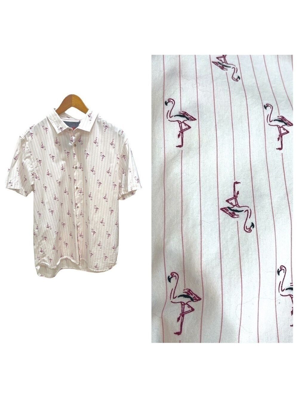Bruno Men’s Short Sleeve Flamingo Pinstripe Button Front Shirt SZ L